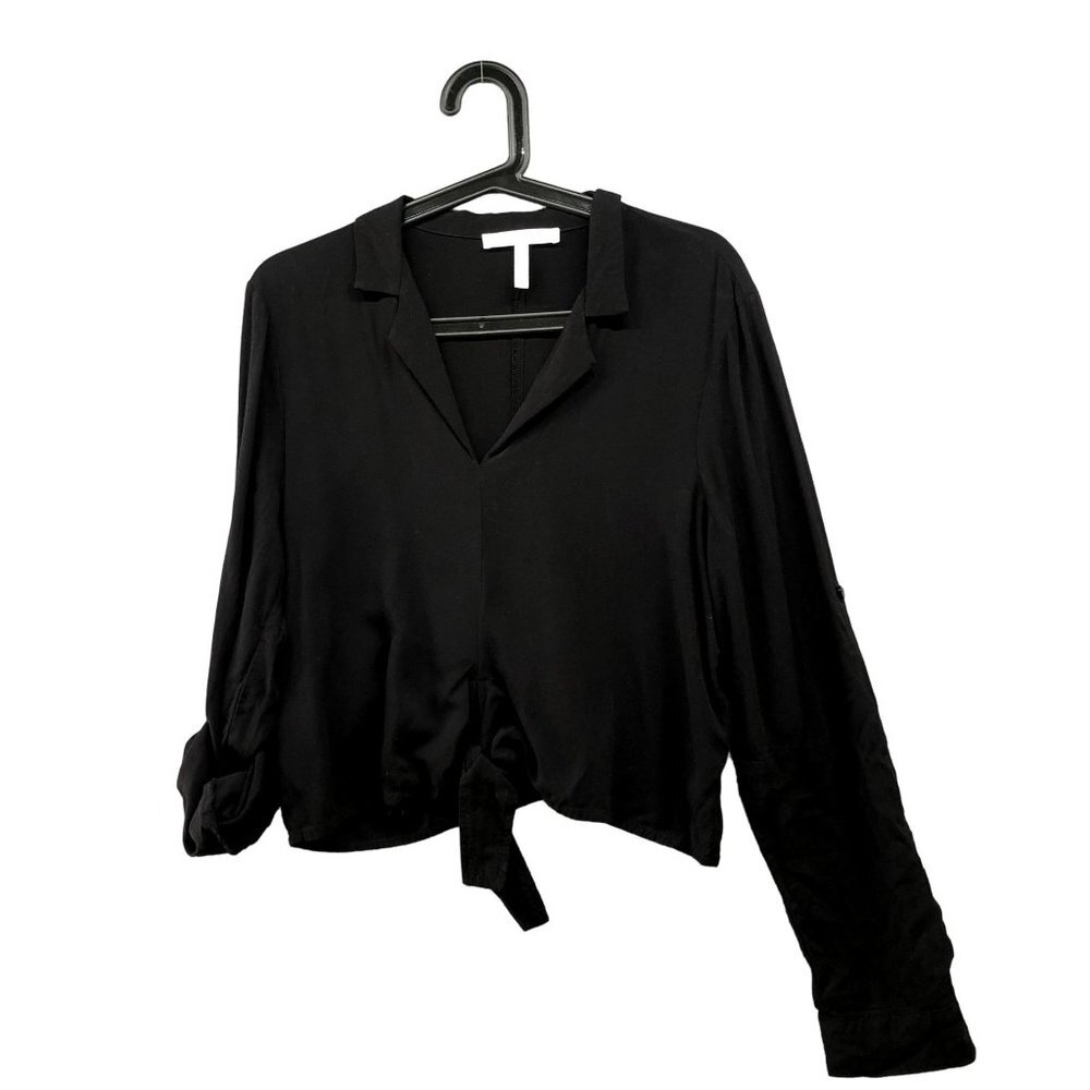 BCBGeneration Tie Front Top Womens M Black Roll Tab‎ Sleeve Collared Split Neck